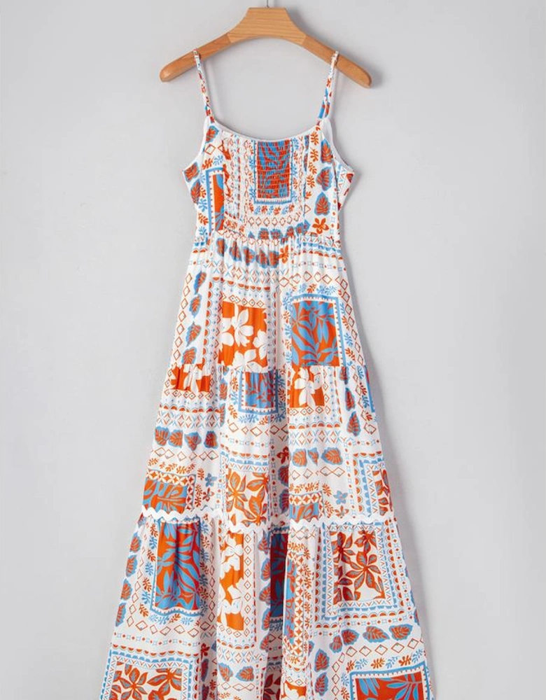 Orange Multi Printed Ricrac Trim Spaghetti Straps Maxi Dress