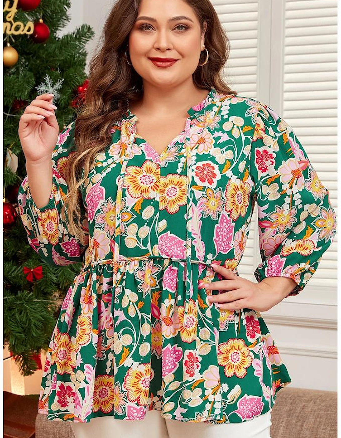 Green Floral Tied V Neck Long Sleeve Plus Size Babydoll Top