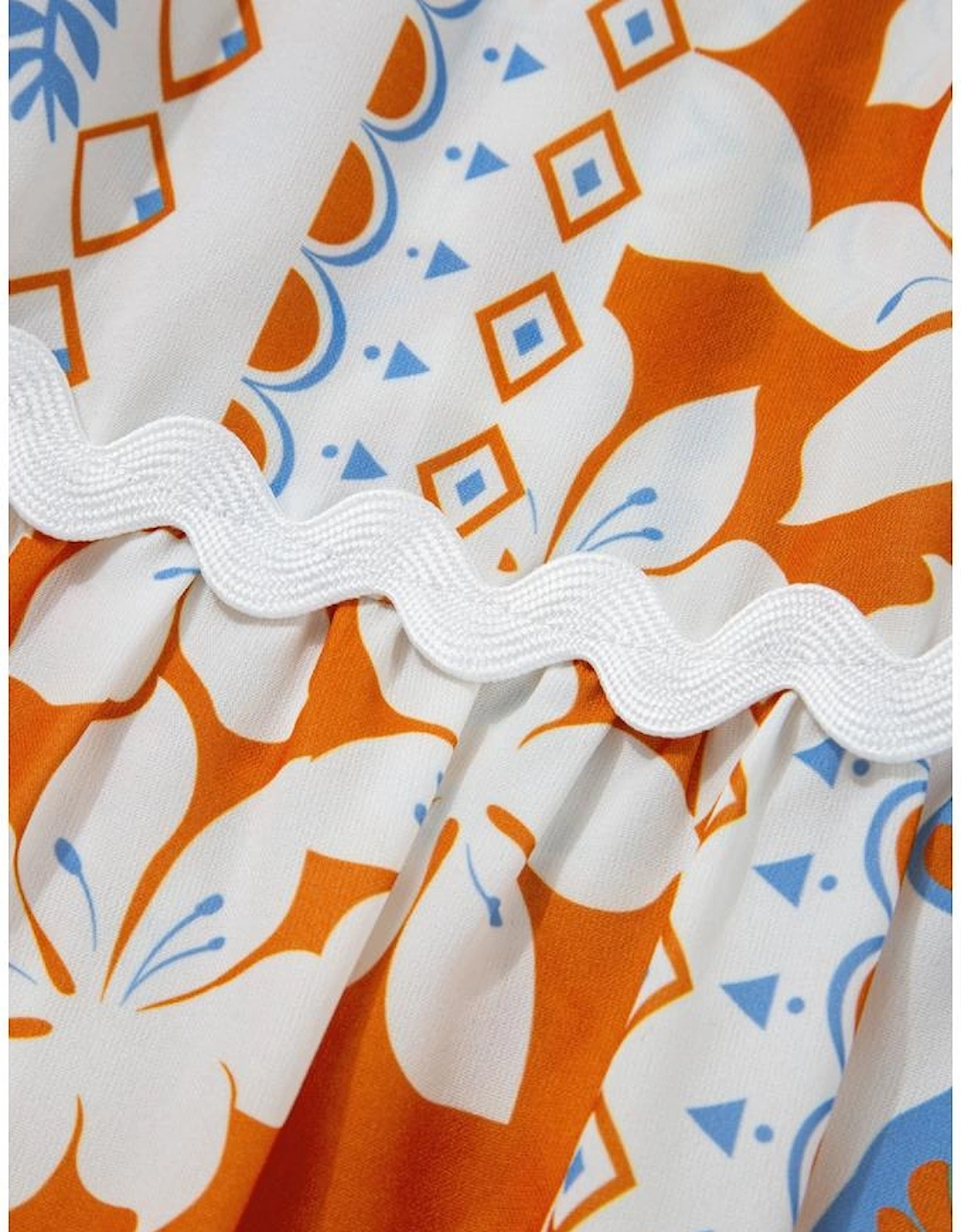 Orange Multi Printed Ricrac Trim Spaghetti Straps Maxi Dress