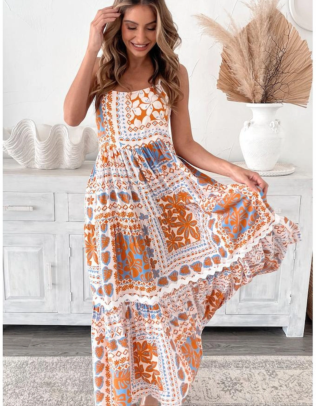 Orange Multi Printed Ricrac Trim Spaghetti Straps Maxi Dress