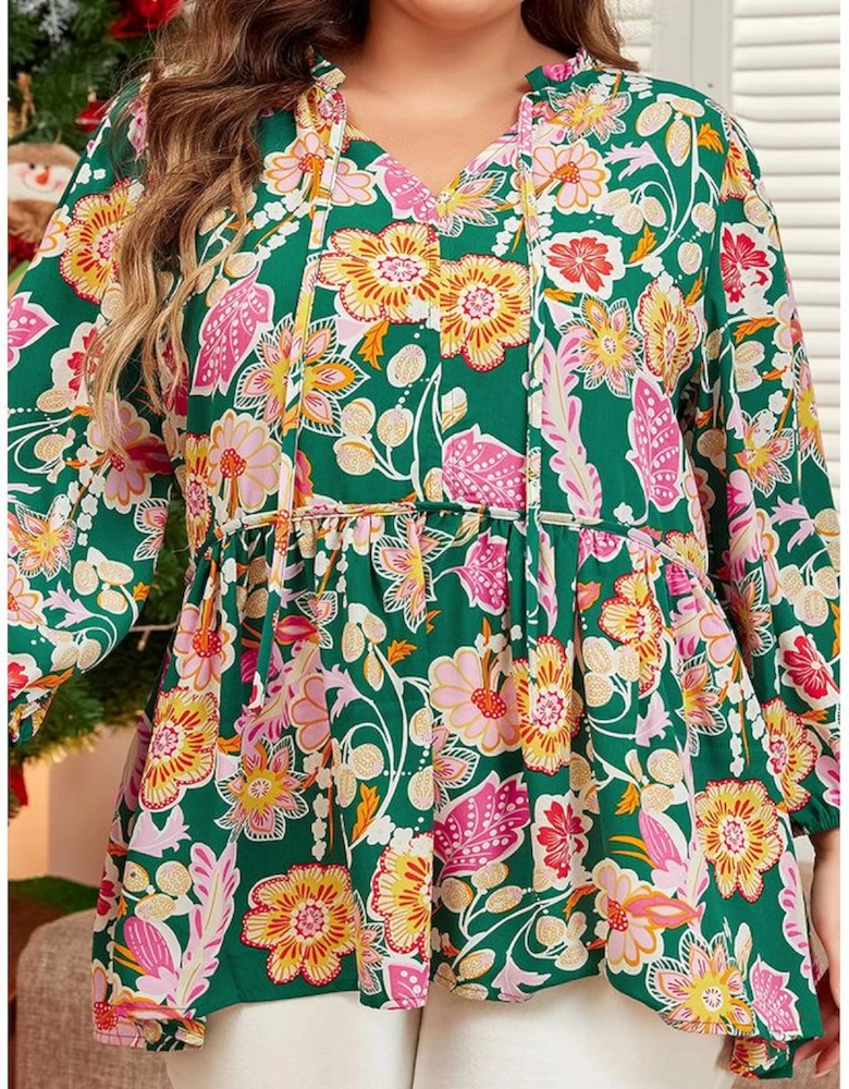 Green Floral Tied V Neck Long Sleeve Plus Size Babydoll Top