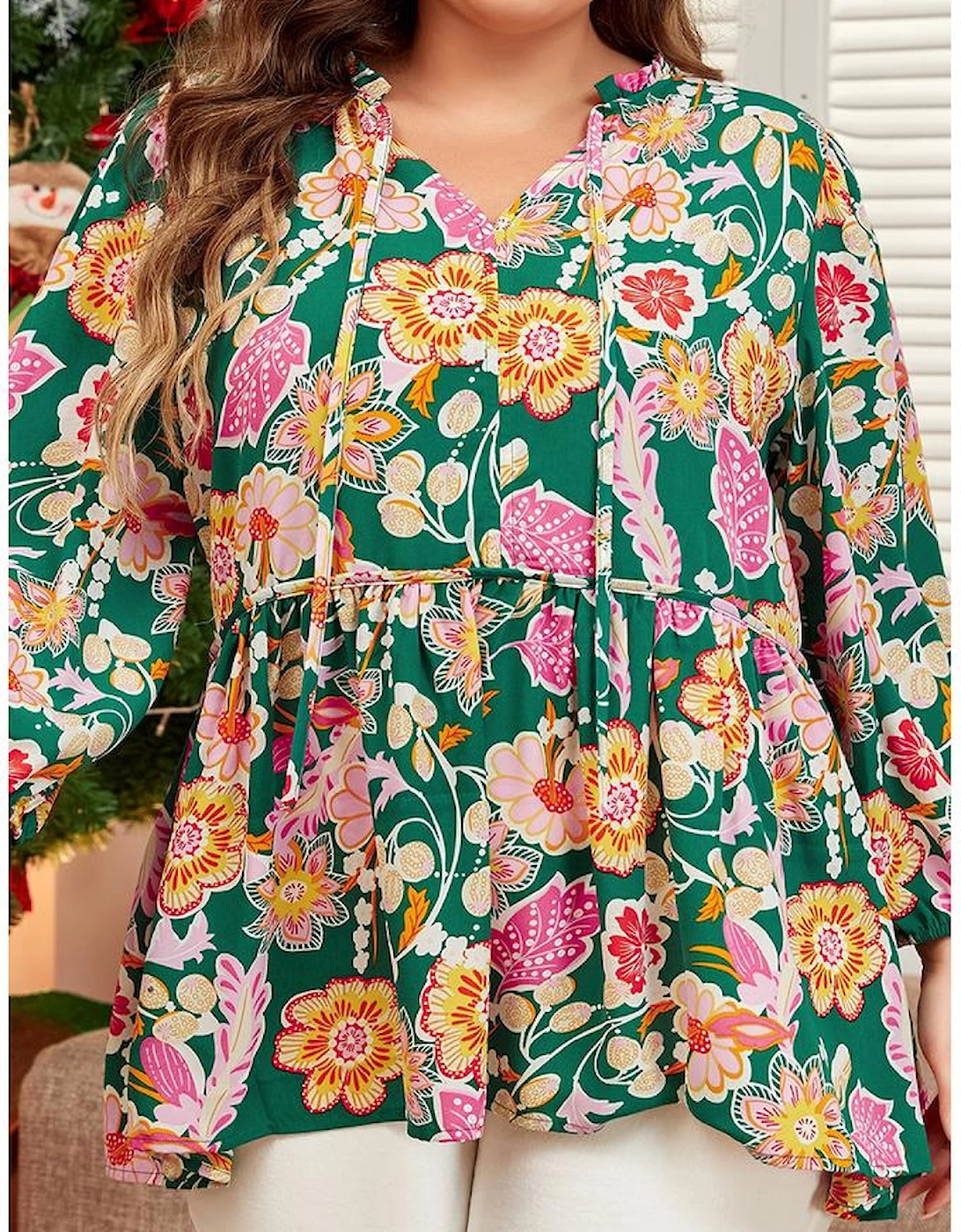 Green Floral Tied V Neck Long Sleeve Plus Size Babydoll Top