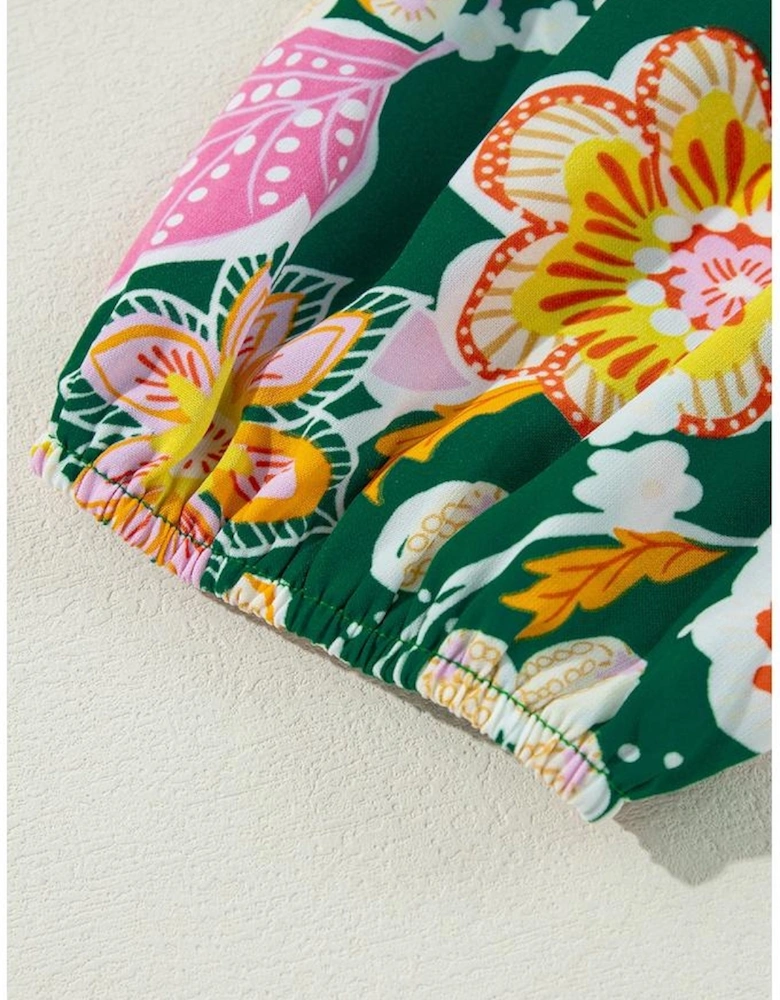 Green Floral Tied V Neck Long Sleeve Plus Size Babydoll Top