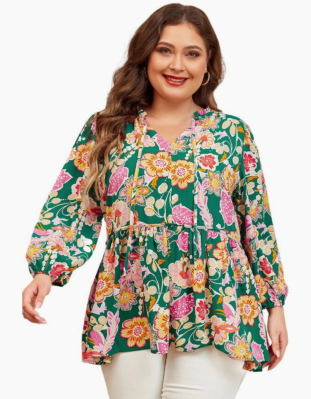 Green Floral Tied V Neck Long Sleeve Plus Size Babydoll Top