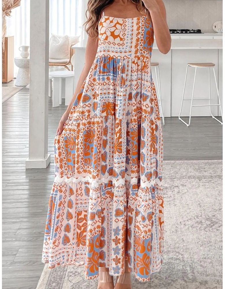 Orange Multi Printed Ricrac Trim Spaghetti Straps Maxi Dress