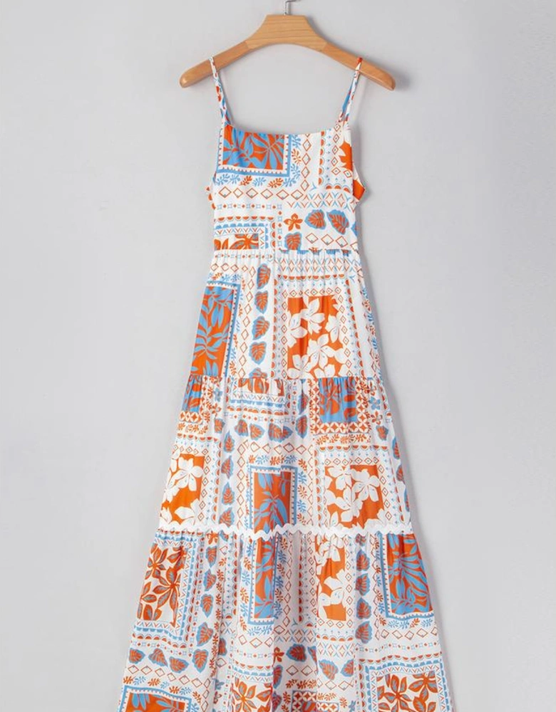 Orange Multi Printed Ricrac Trim Spaghetti Straps Maxi Dress