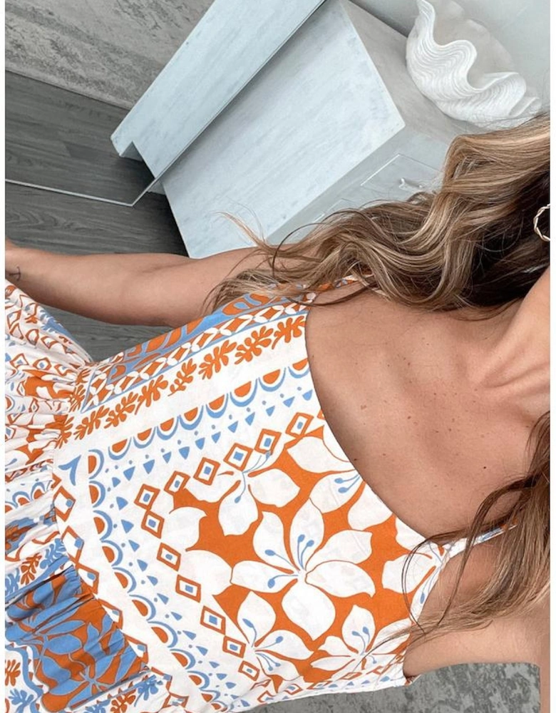 Orange Multi Printed Ricrac Trim Spaghetti Straps Maxi Dress