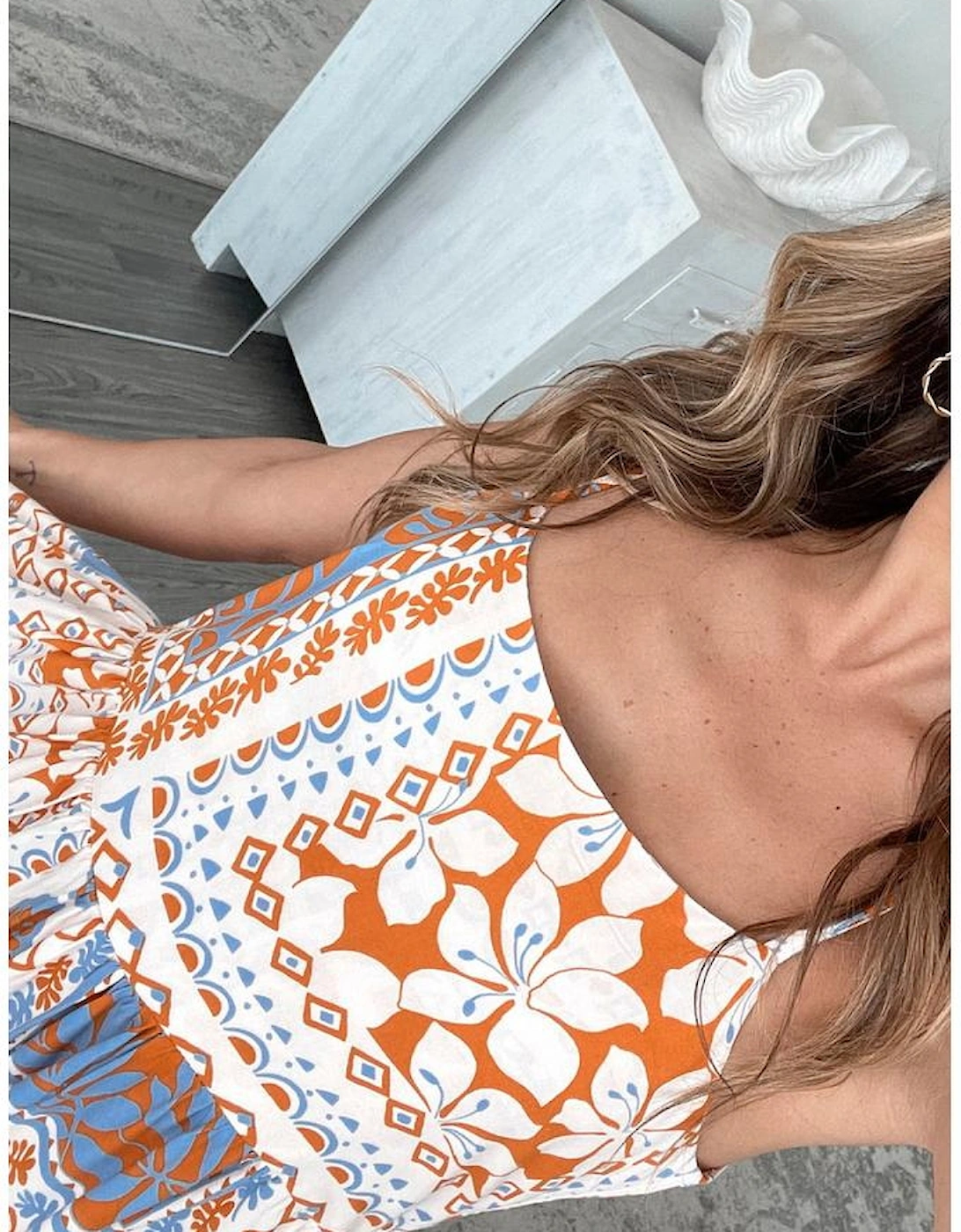 Orange Multi Printed Ricrac Trim Spaghetti Straps Maxi Dress