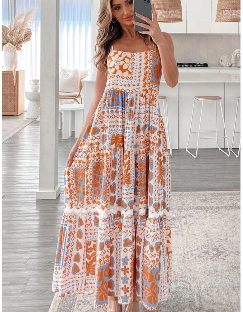 Orange Multi Printed Ricrac Trim Spaghetti Straps Maxi Dress