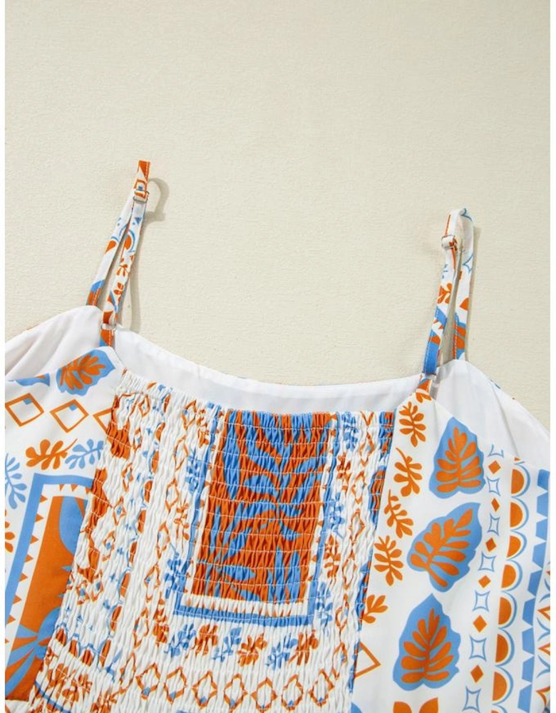 Orange Multi Printed Ricrac Trim Spaghetti Straps Maxi Dress