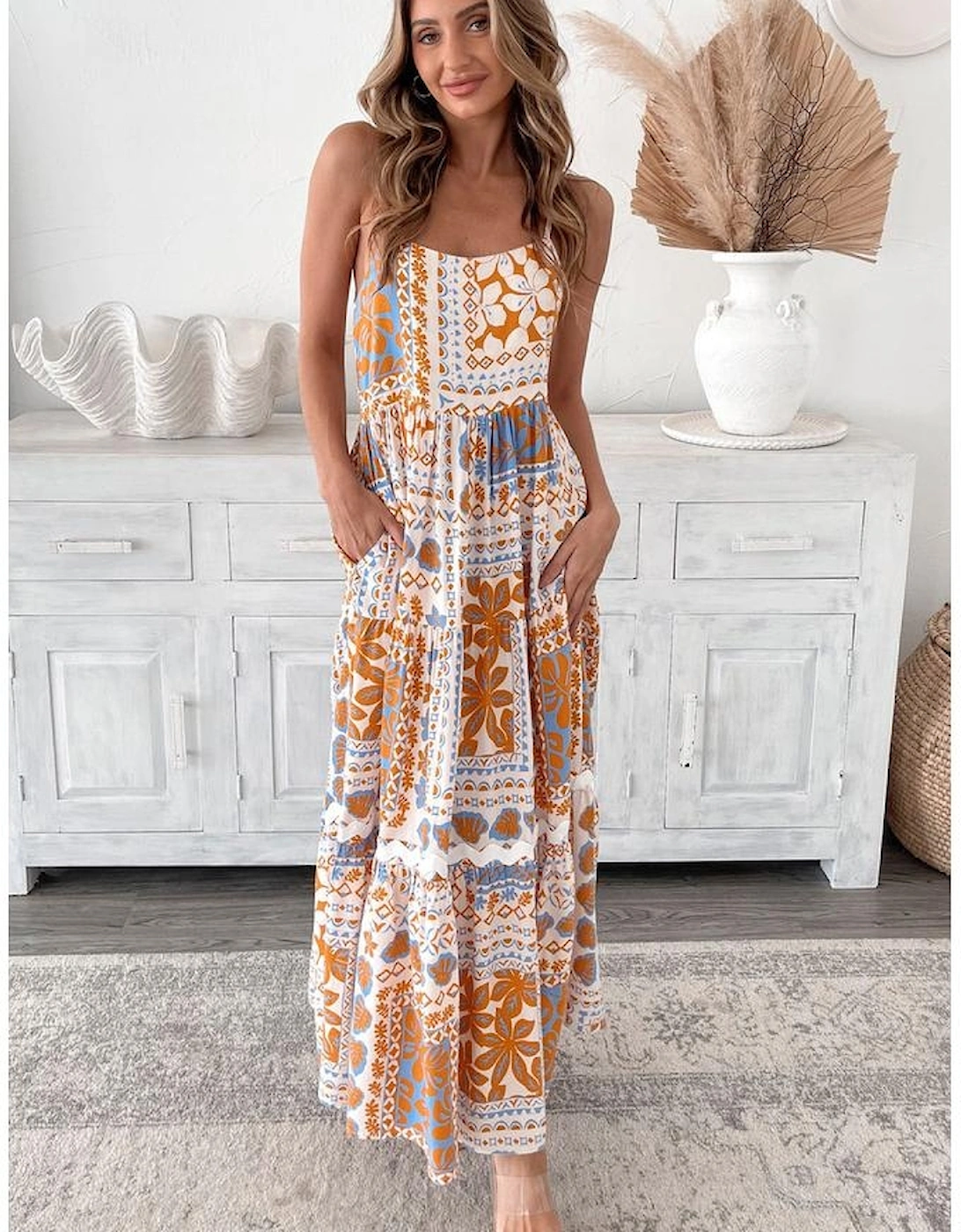 Orange Multi Printed Ricrac Trim Spaghetti Straps Maxi Dress