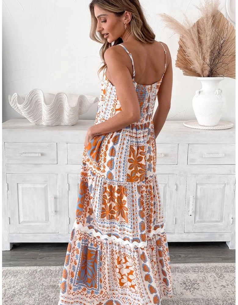 Orange Multi Printed Ricrac Trim Spaghetti Straps Maxi Dress