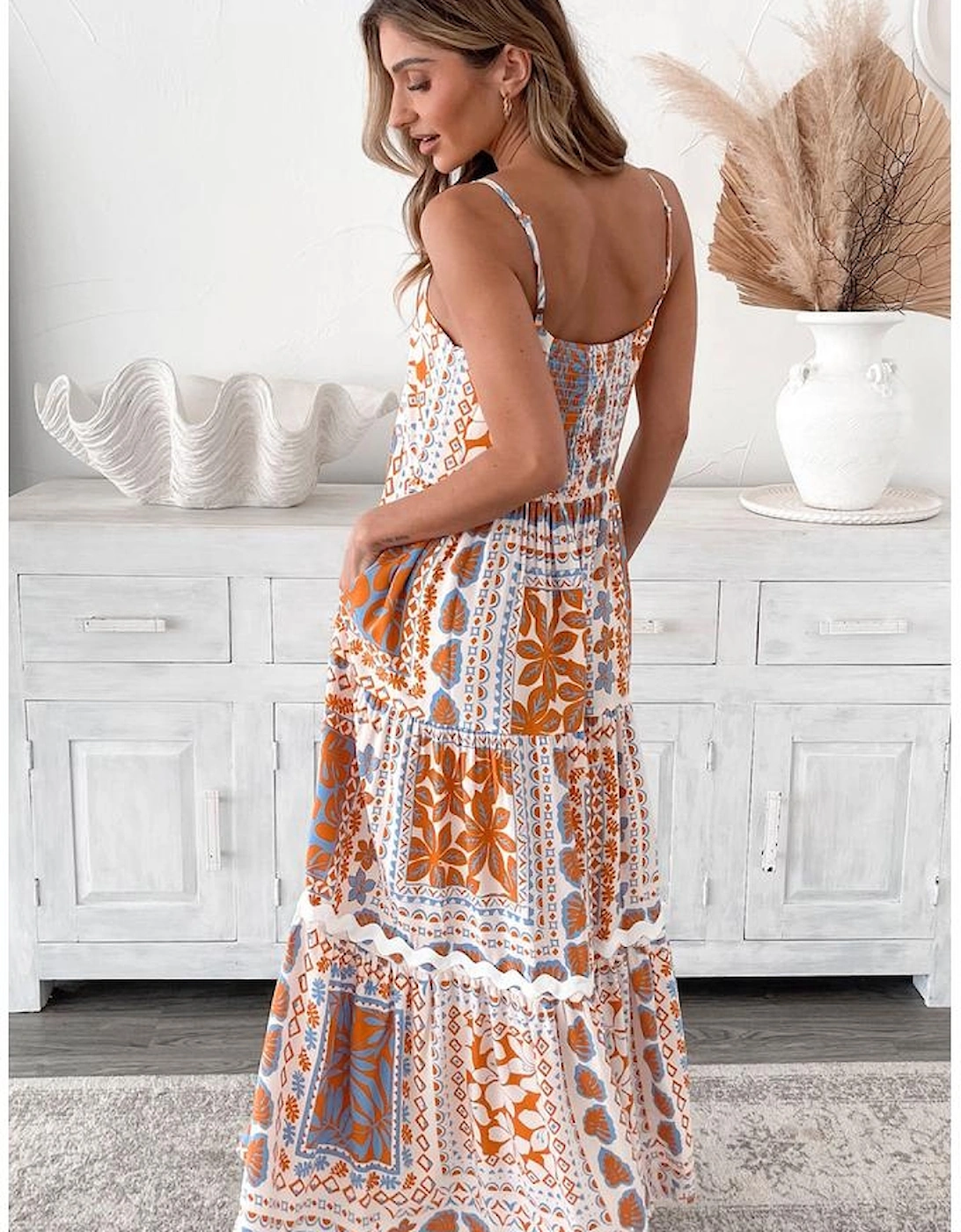 Orange Multi Printed Ricrac Trim Spaghetti Straps Maxi Dress, 15 of 14