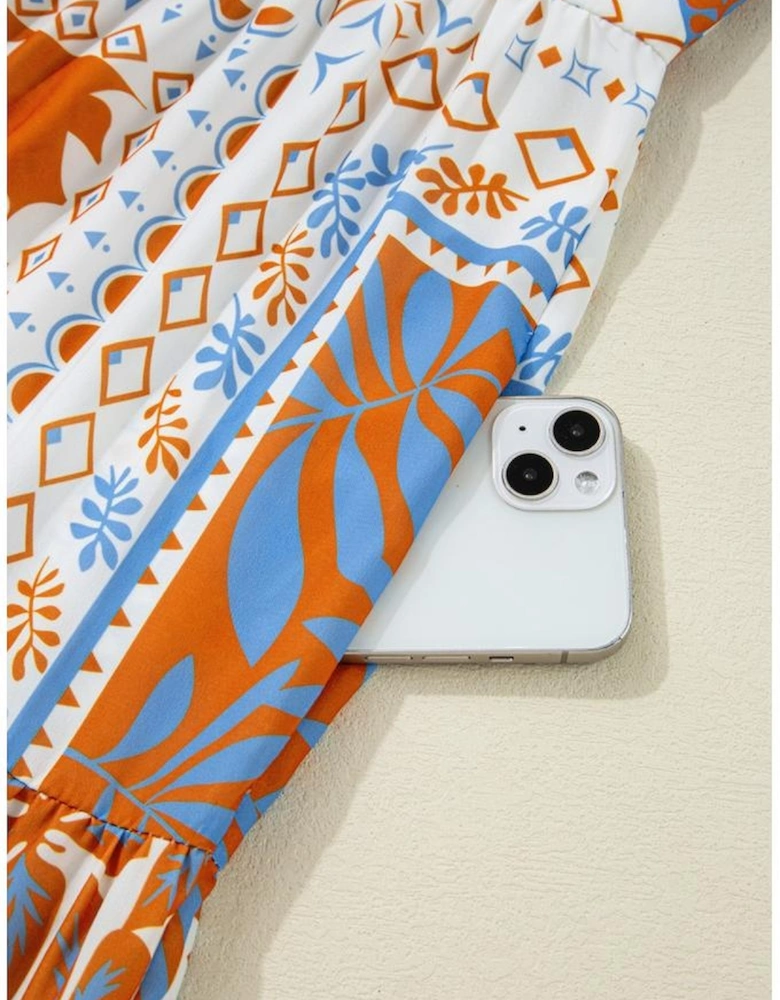 Orange Multi Printed Ricrac Trim Spaghetti Straps Maxi Dress