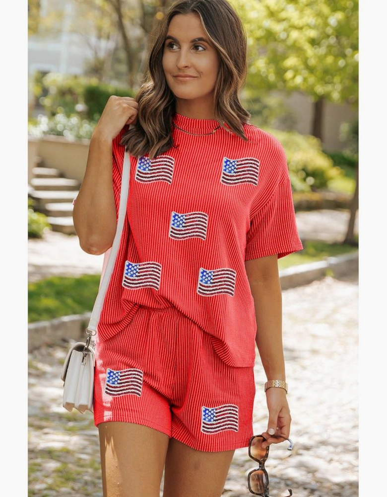 Orange Sequined American Flag Twisted Rib Texture 2pcs Short Set