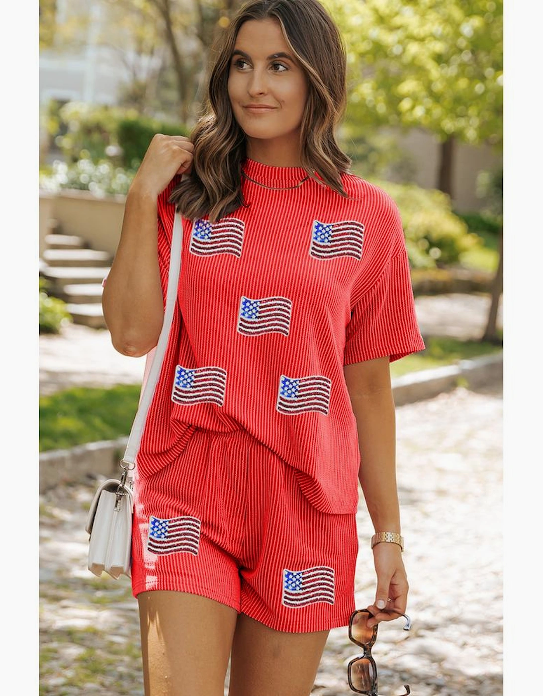 Orange Sequined American Flag Twisted Rib Texture 2pcs Short Set