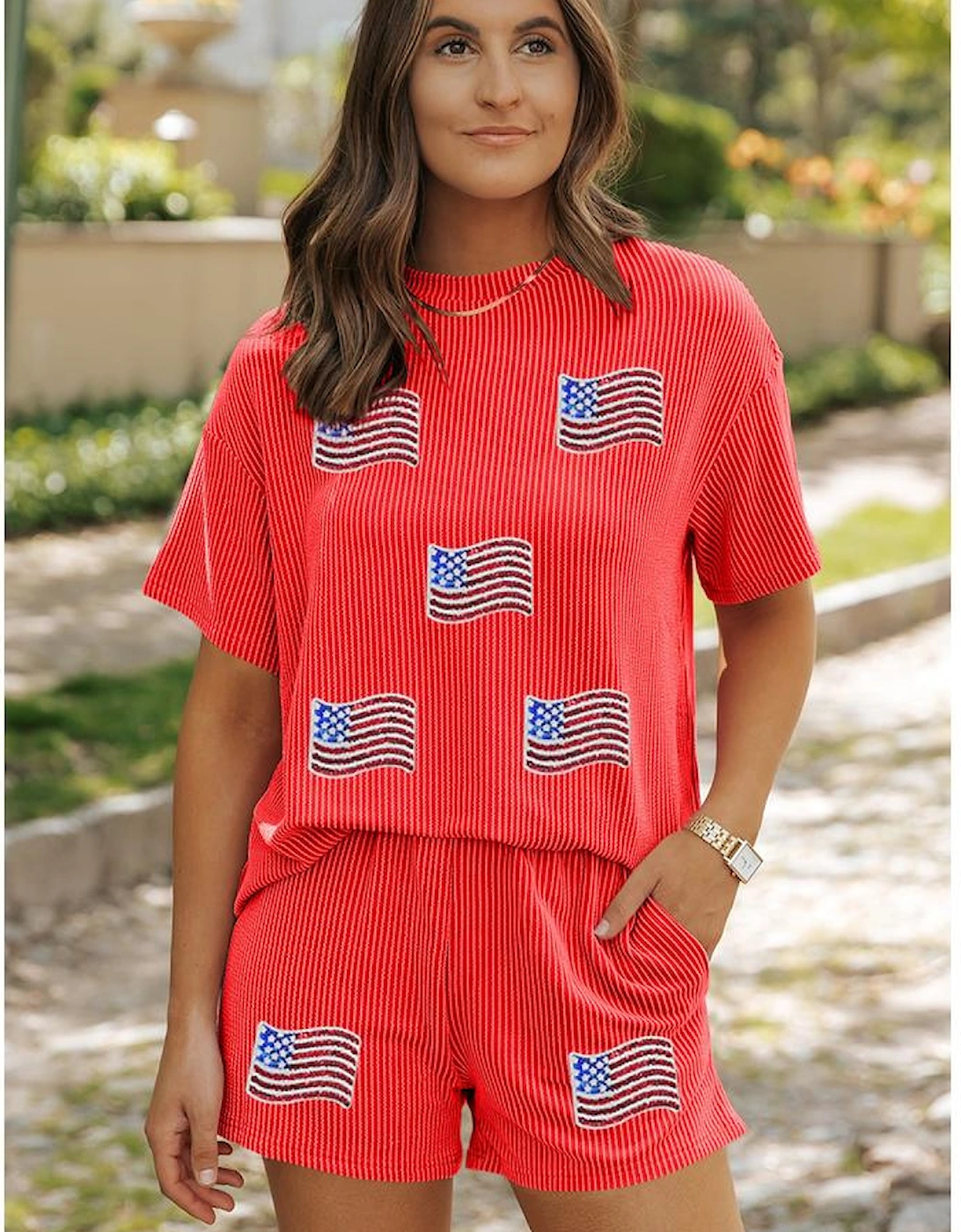 Orange Sequined American Flag Twisted Rib Texture 2pcs Short Set