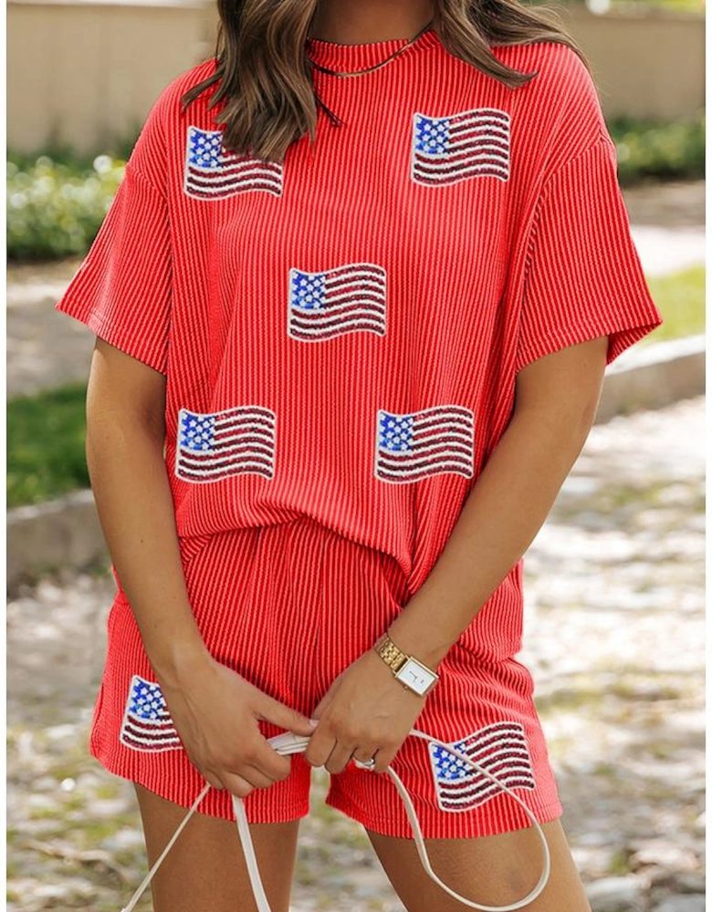 Orange Sequined American Flag Twisted Rib Texture 2pcs Short Set