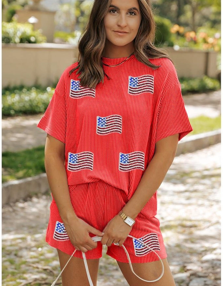 Orange Sequined American Flag Twisted Rib Texture 2pcs Short Set