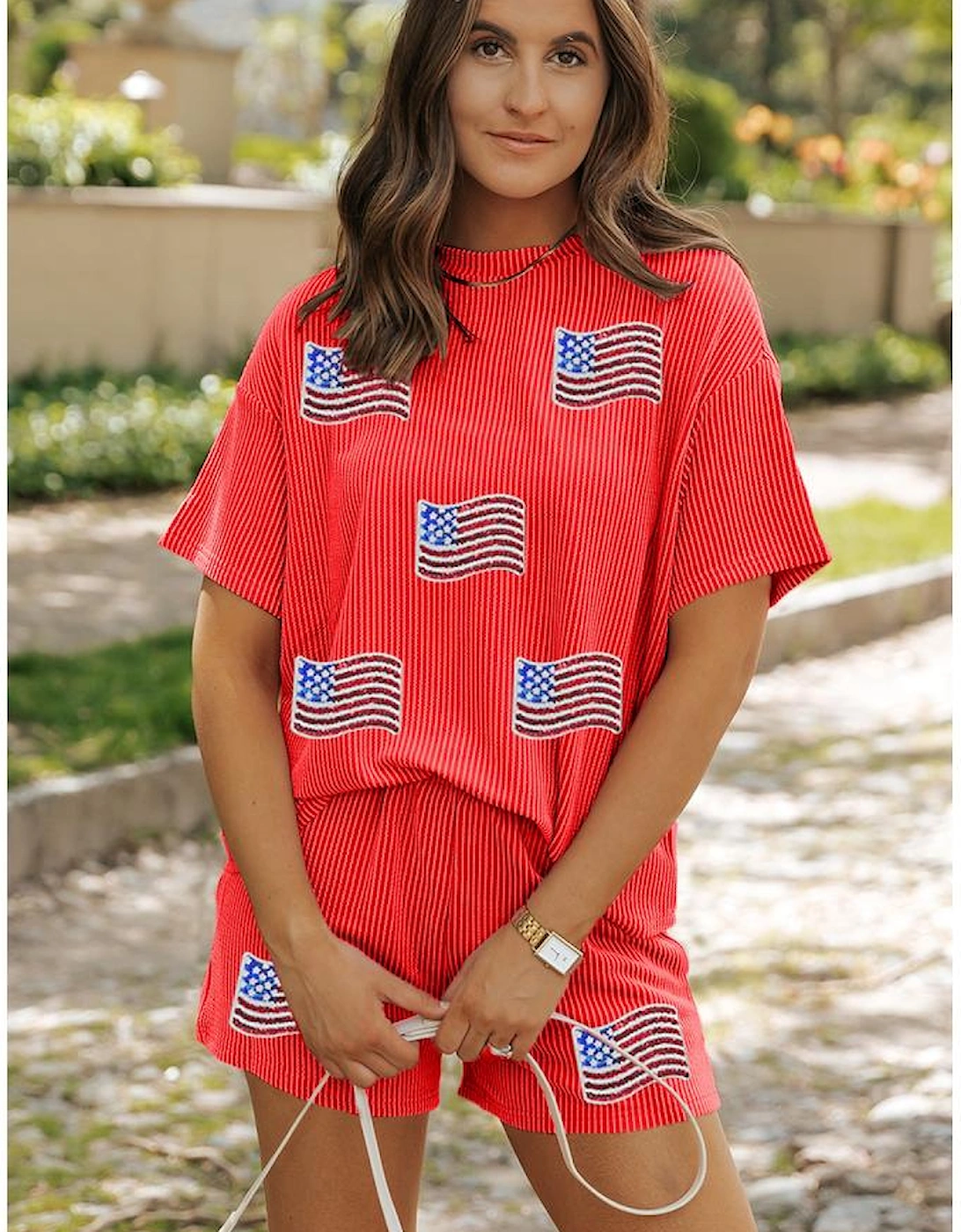 Orange Sequined American Flag Twisted Rib Texture 2pcs Short Set