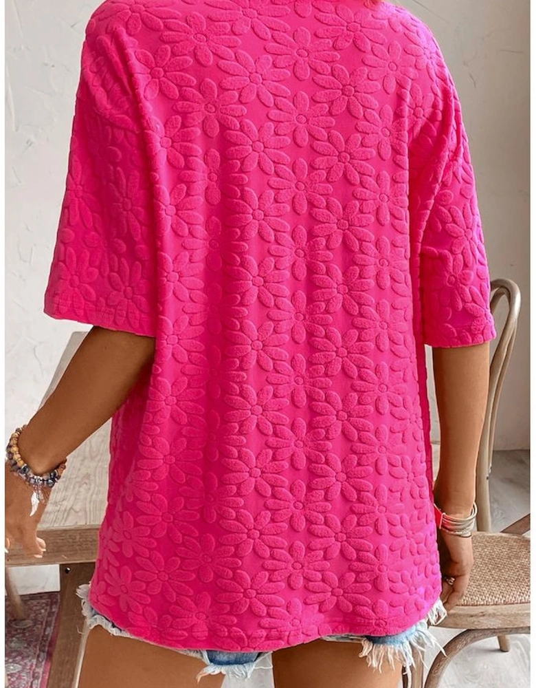 Rose Red Daisy Flower Jacquard Half Sleeve T Shirt