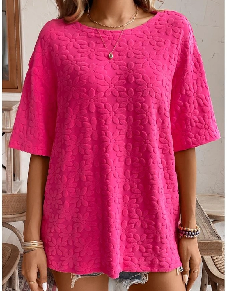 Rose Red Daisy Flower Jacquard Half Sleeve T Shirt