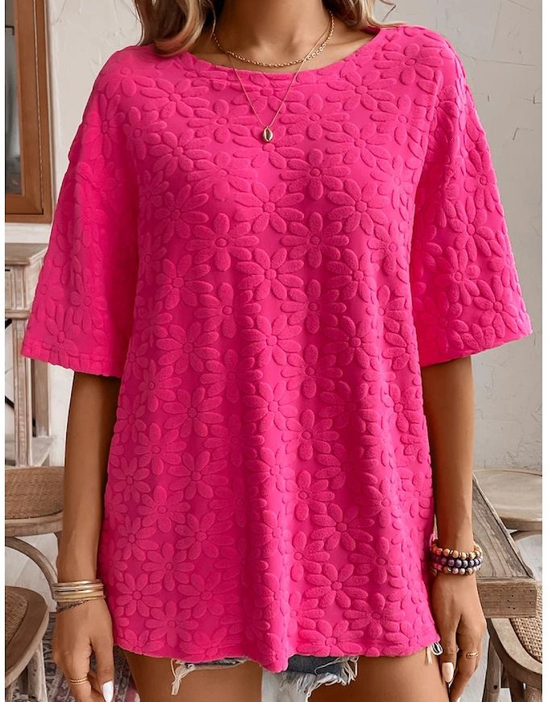 Rose Red Daisy Flower Jacquard Half Sleeve T Shirt