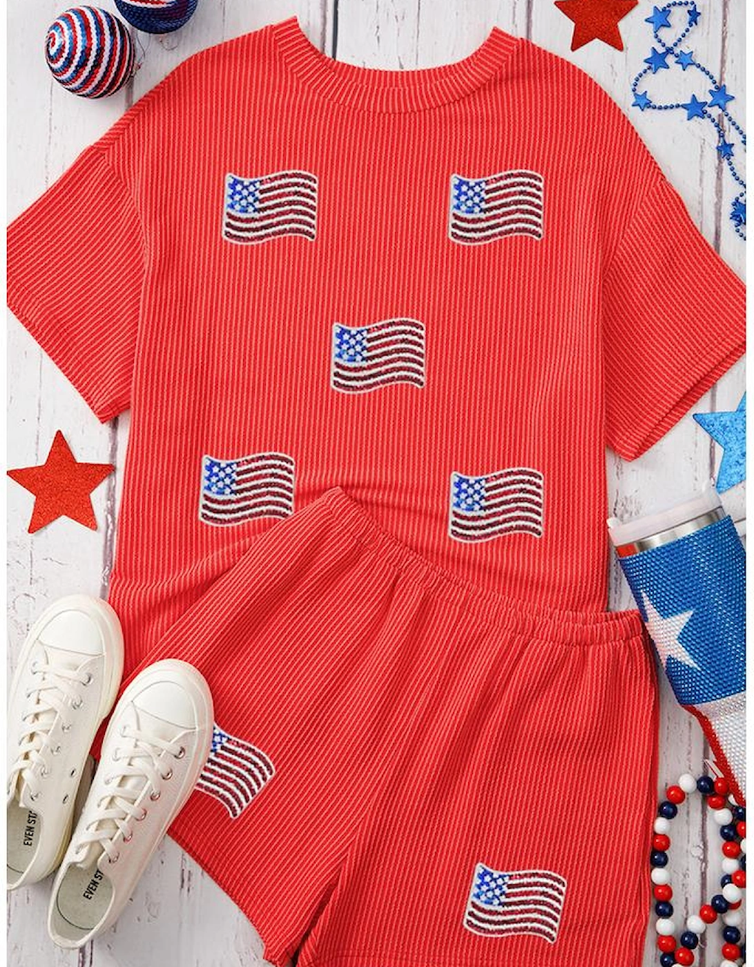 Orange Sequined American Flag Twisted Rib Texture 2pcs Short Set, 7 of 6