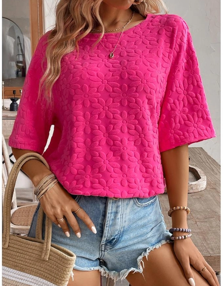 Rose Red Daisy Flower Jacquard Half Sleeve T Shirt