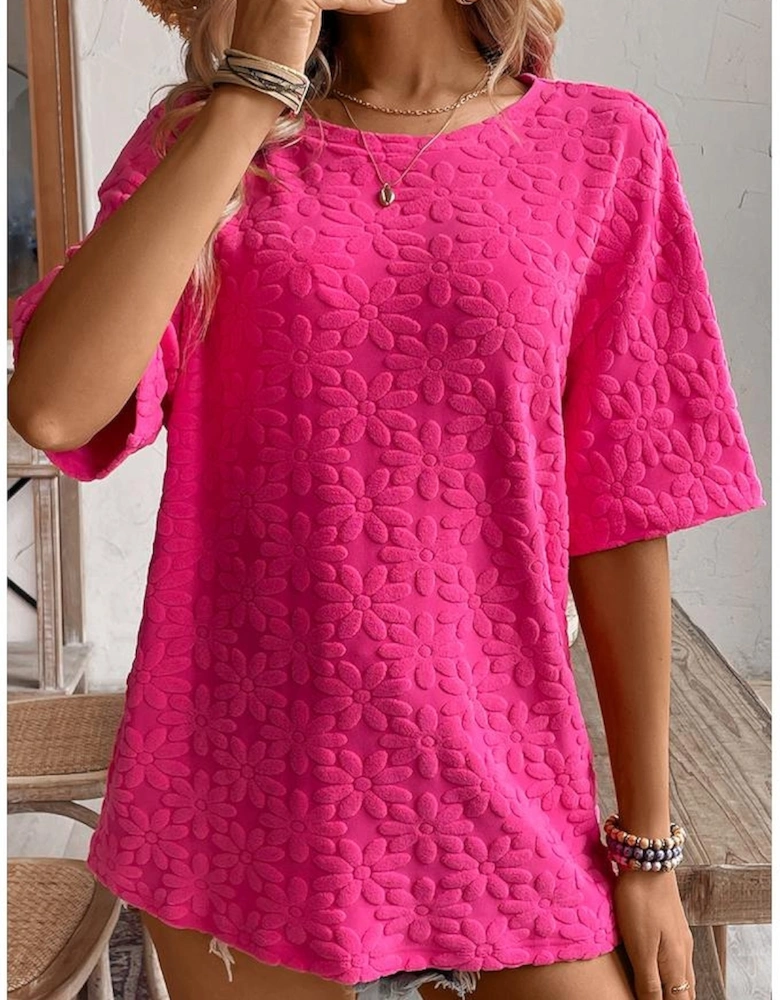 Rose Red Daisy Flower Jacquard Half Sleeve T Shirt