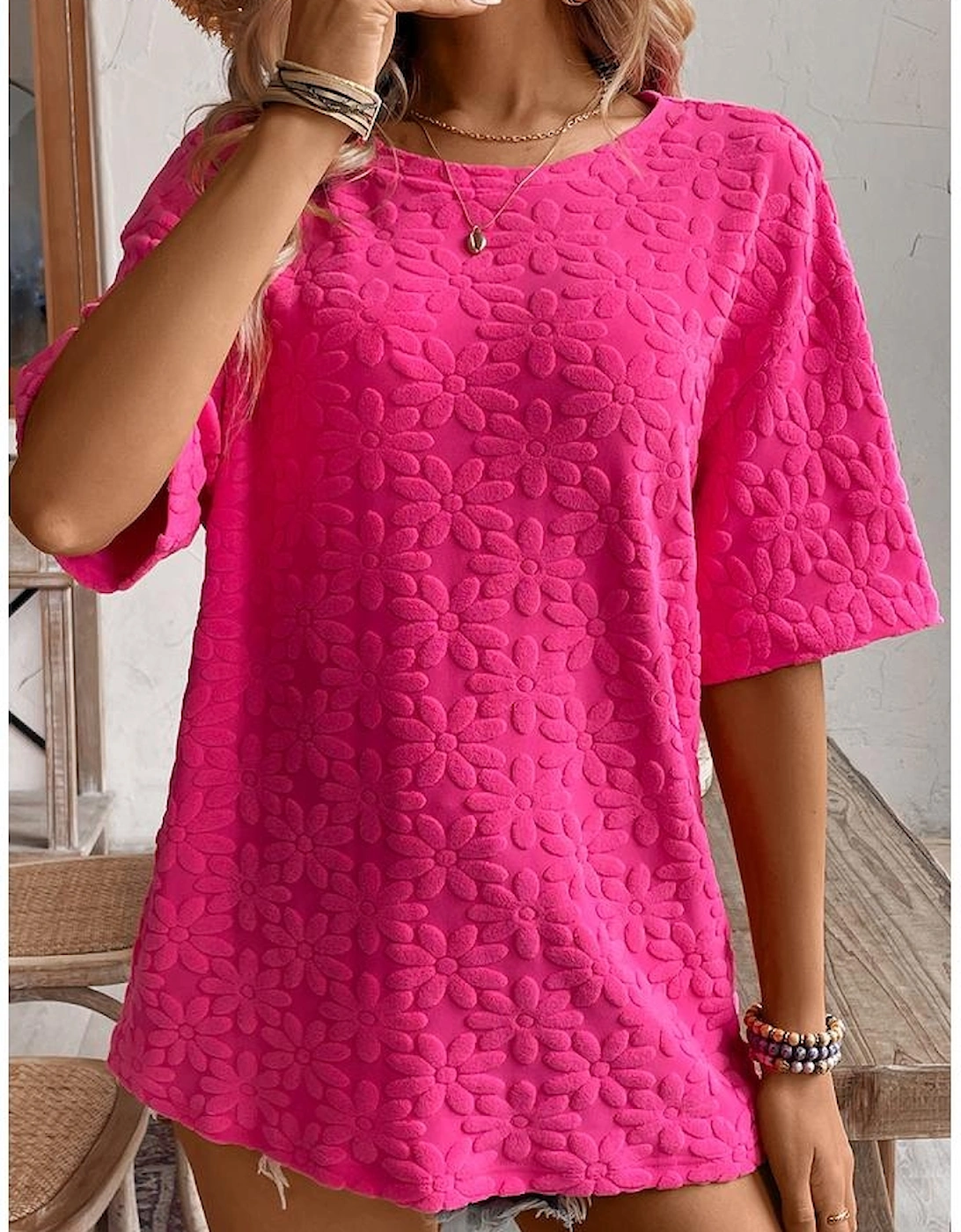 Rose Red Daisy Flower Jacquard Half Sleeve T Shirt