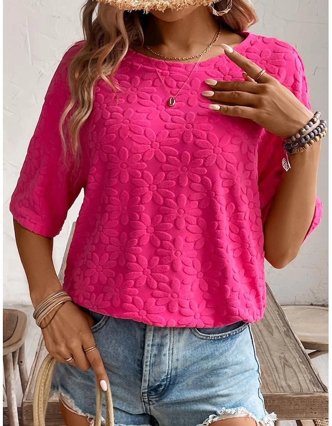 Rose Red Daisy Flower Jacquard Half Sleeve T Shirt