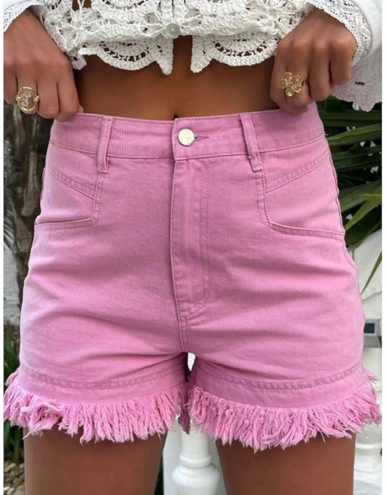 Pink Frayed Edge Mid Rise Denim Shorts