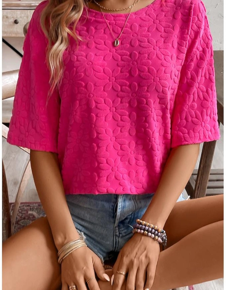 Rose Red Daisy Flower Jacquard Half Sleeve T Shirt