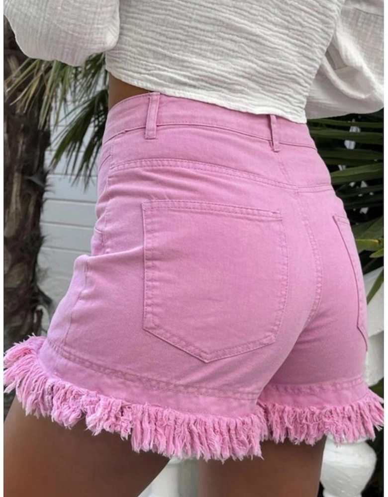 Pink Frayed Edge Mid Rise Denim Shorts