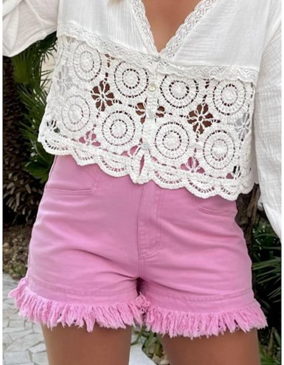 Pink Frayed Edge Mid Rise Denim Shorts