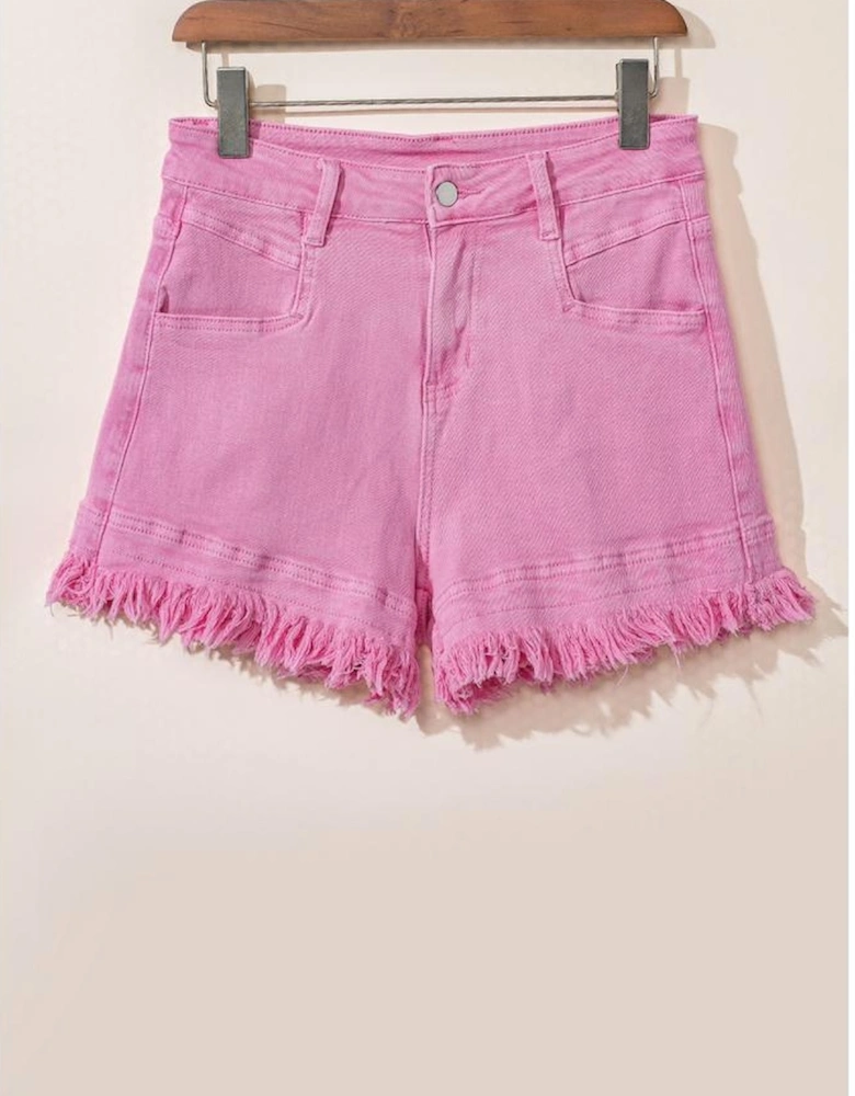 Pink Frayed Edge Mid Rise Denim Shorts