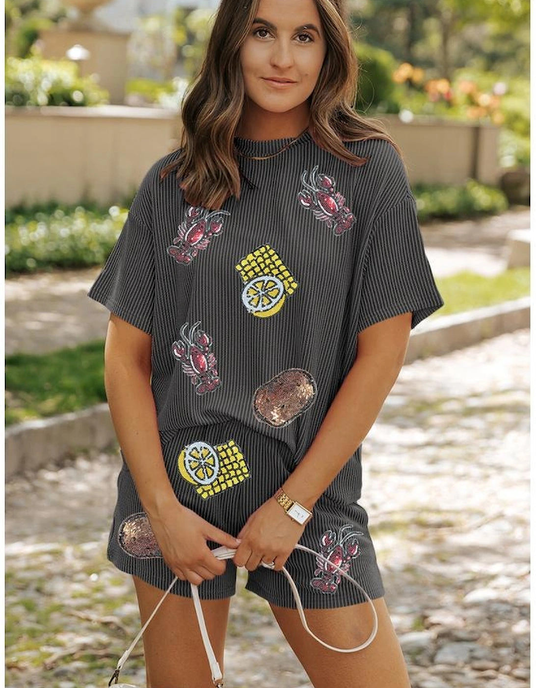 Carbon Grey Sequin Crawfish Food Print Textured Tee and Short Set