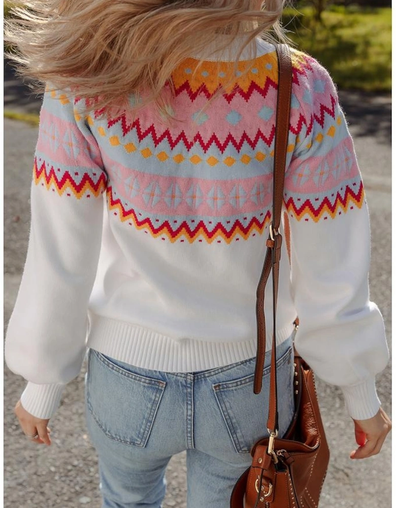 White Ethnic Geometric Colorblock Print Drop Shoulder Sweater