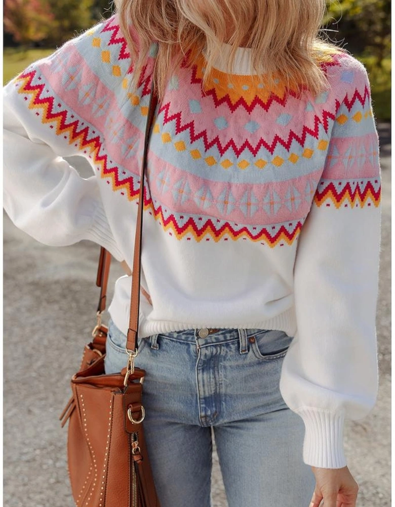 White Ethnic Geometric Colorblock Print Drop Shoulder Sweater
