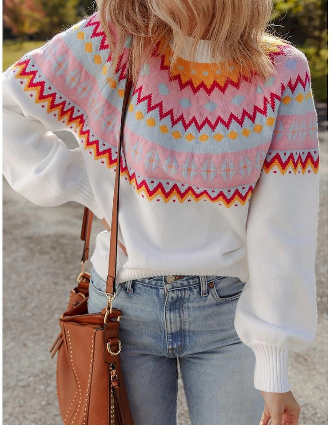 White Ethnic Geometric Colorblock Print Drop Shoulder Sweater