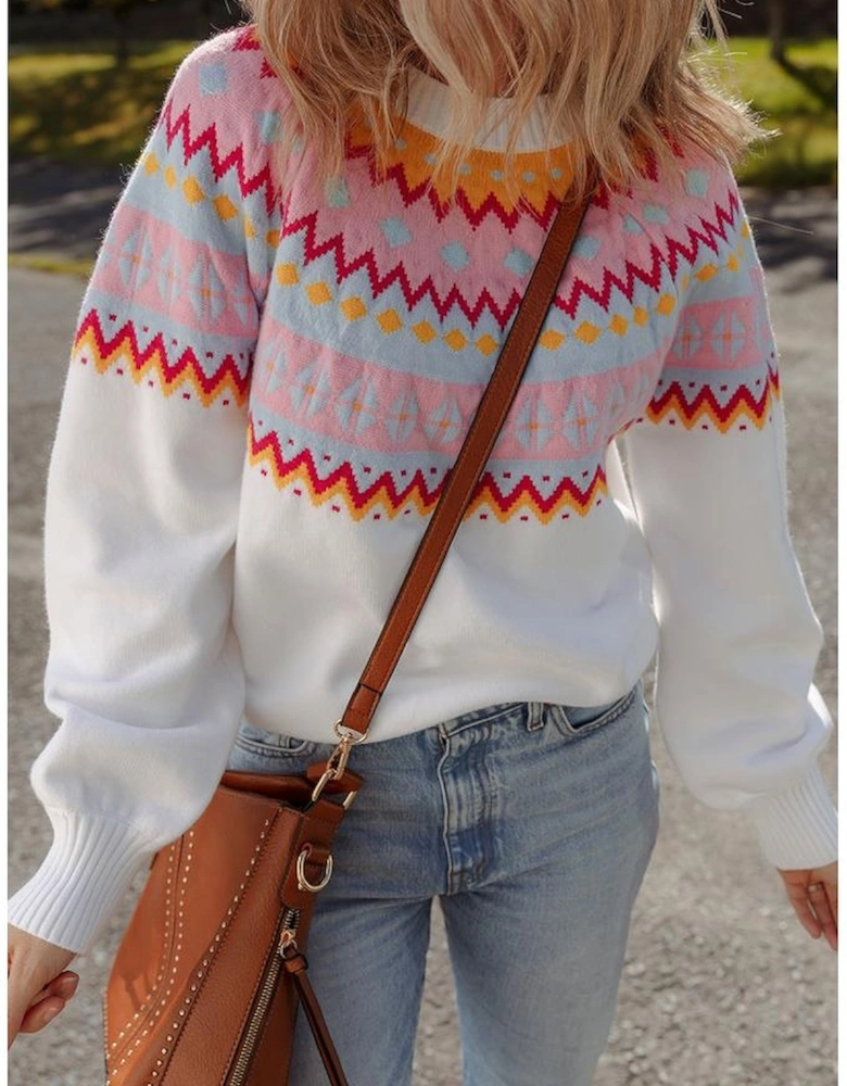 White Ethnic Geometric Colorblock Print Drop Shoulder Sweater