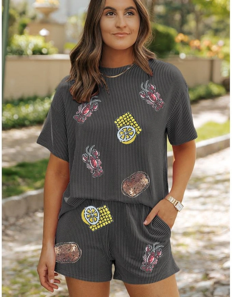 Carbon Grey Sequin Crawfish Food Print Textured Tee and Short Set