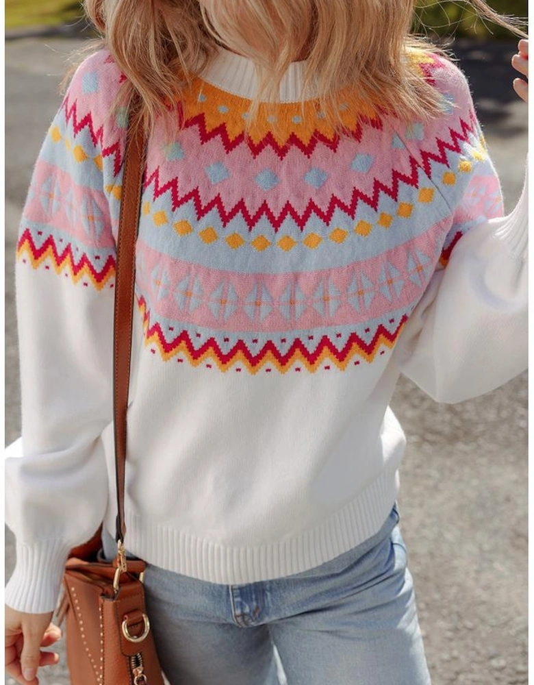 White Ethnic Geometric Colorblock Print Drop Shoulder Sweater