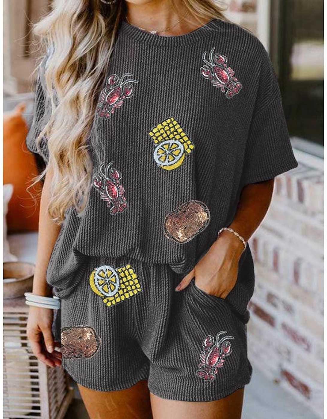 Carbon Grey Sequin Crawfish Food Print Textured Tee and Short Set
