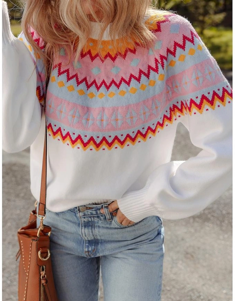 White Ethnic Geometric Colorblock Print Drop Shoulder Sweater