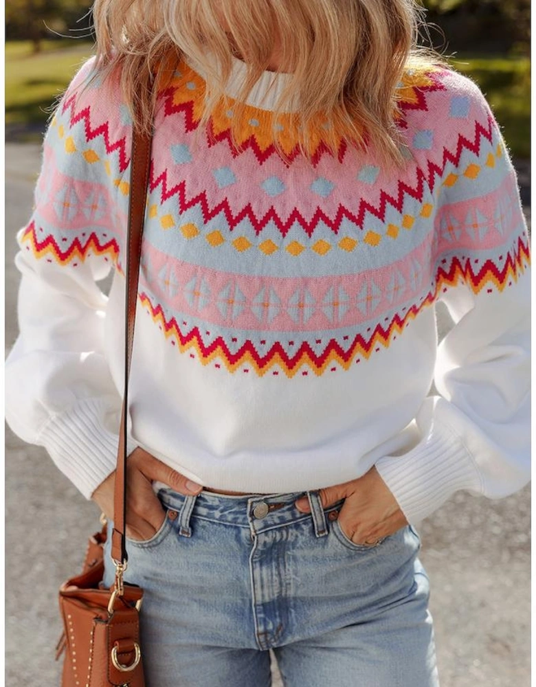 White Ethnic Geometric Colorblock Print Drop Shoulder Sweater