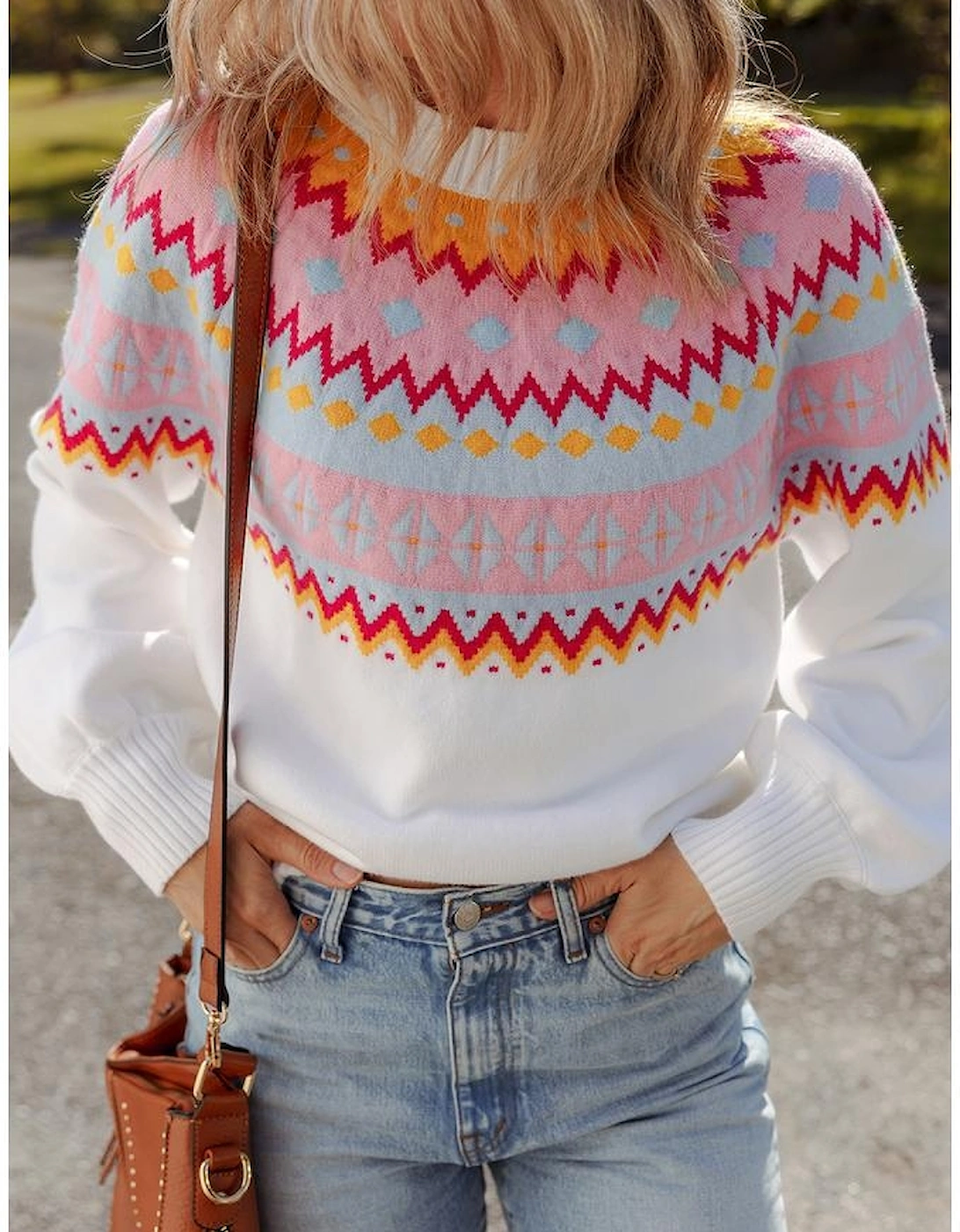 White Ethnic Geometric Colorblock Print Drop Shoulder Sweater