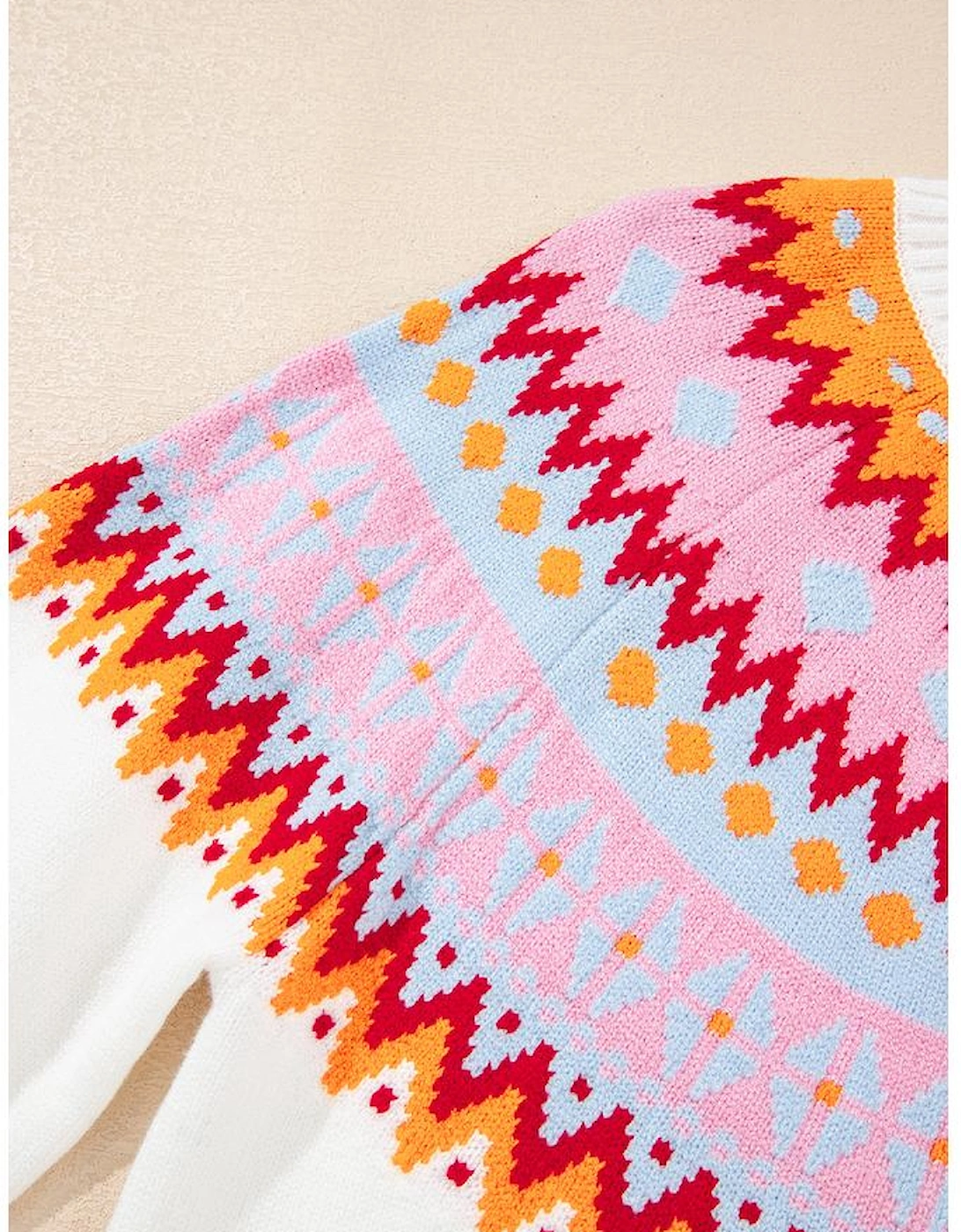 White Ethnic Geometric Colorblock Print Drop Shoulder Sweater