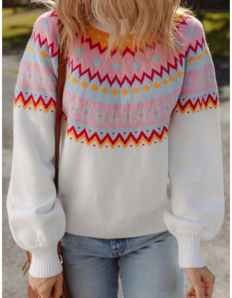 White Ethnic Geometric Colorblock Print Drop Shoulder Sweater